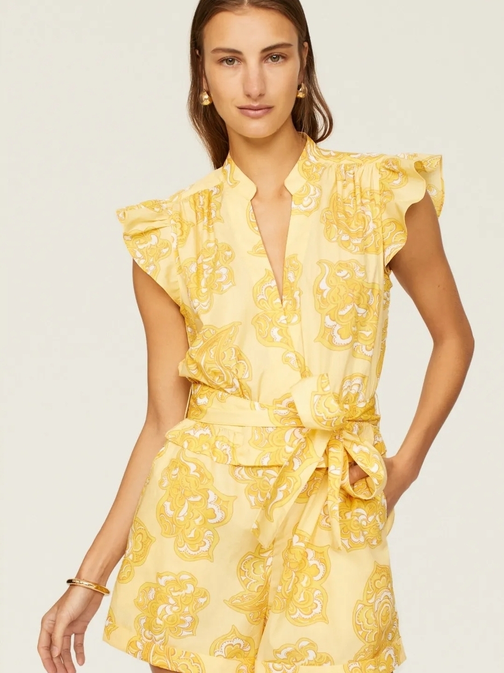 Yellow Floral Print Tie-Waist Romper